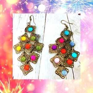 Gorgeous Antique Gold Tone Dangling Earrings Multicolor